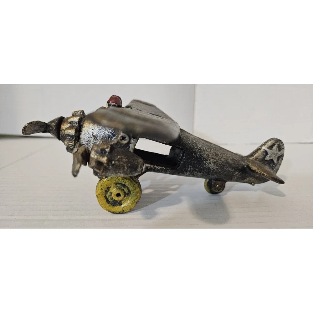 1930's 40's Vintage Toy Metal Cast Iron Propeller Plane Airplane Silver‎